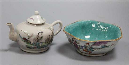 A Chinese famille rose wine pot and a decagonal bowl, teapot 10cm
